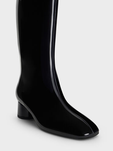 Patent Elongated Square-Toe Knee-High Boots, Black Patent, hi-res