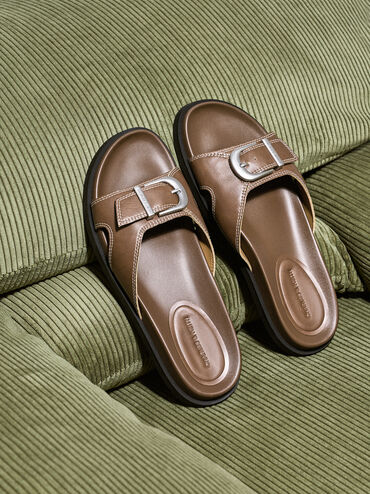Stitch-Trim Buckled Slides, Cognac, hi-res