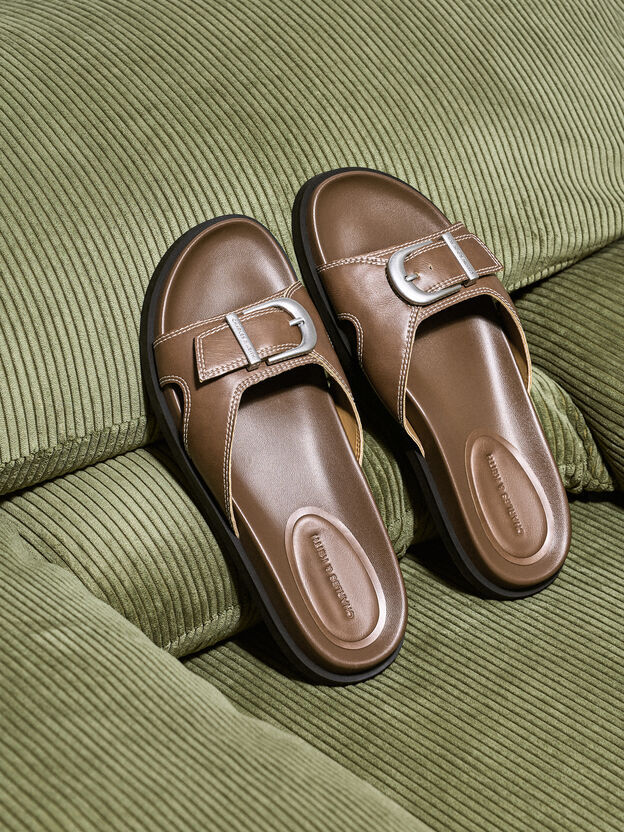 Stitch-Trim Buckled Slides, Cognac, hi-res