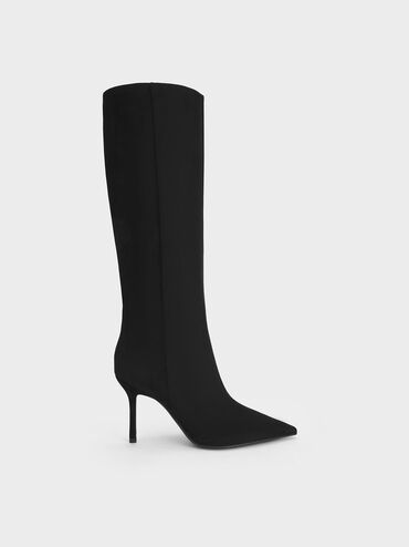 Faux Suede Pointed Stiletto Knee-High Boots, Black Textured, hi-res
