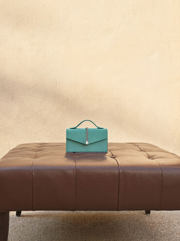 Taisia Satin Chain-Strap Envelope Bag, Teal, hi-res