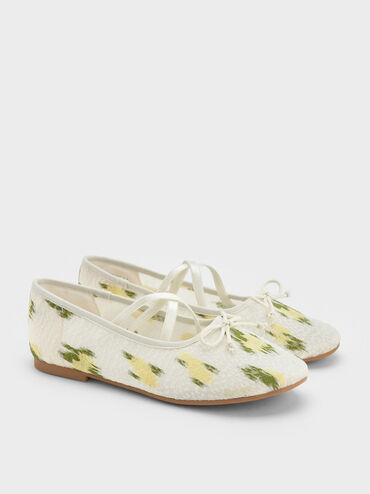 Girls' Mesh Floral-Print Crossover-Strap Ballet Flats, Multi, hi-res