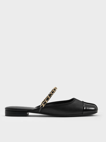 Patent Chain-Strap Mules, Black, hi-res