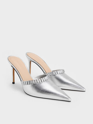 Metallic Crystal-Embellished Pointed-Toe Heeled Mules, Silver, hi-res