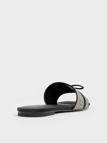Satin Crystal-Embellished Bow Slide Sandals, Black Textured, hi-res