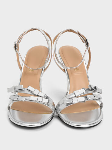 Jessy Metallic Leather Bow Ankle-Strap Stiletto-Heel Sandals, Silver, hi-res