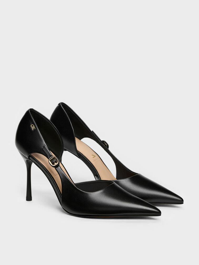 Leather Pointed D'Orsay Stilettos, Black, hi-res