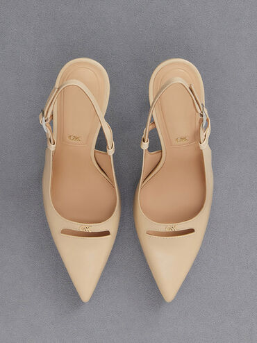Leather Pointed-Toe Slingback Pumps, Beige, hi-res