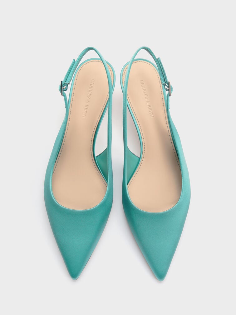 Satin Pointed-Toe Crystal-Heel Slingback Pumps, Teal, hi-res