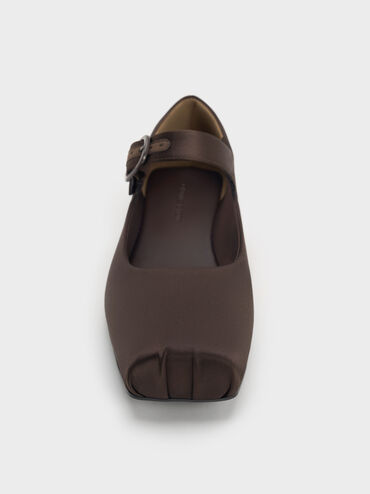 Satin Buckled Square-Toe Mary Jane Flats, Dark Brown Textured, hi-res