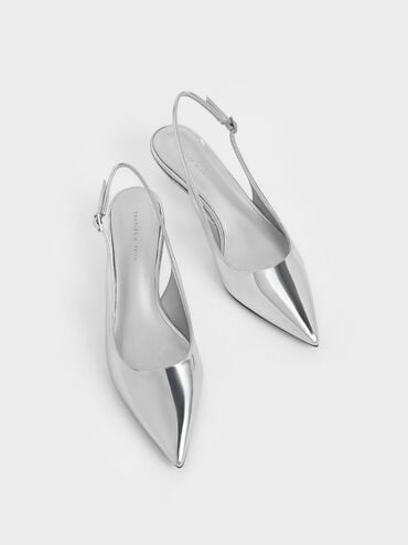 Curtis Metallic Pointed-Toe Kitten-Heel Slingback Pumps, Silver, hi-res