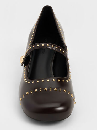 Studded Mary Jane Pumps, Dark Brown, hi-res