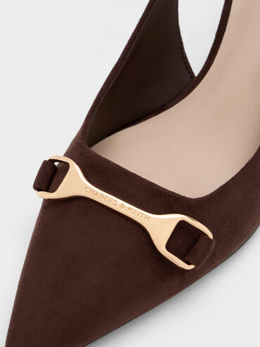 Leslie Faux Suede Metallic-Accent Slingback Pumps, Dark Brown Textured, hi-res