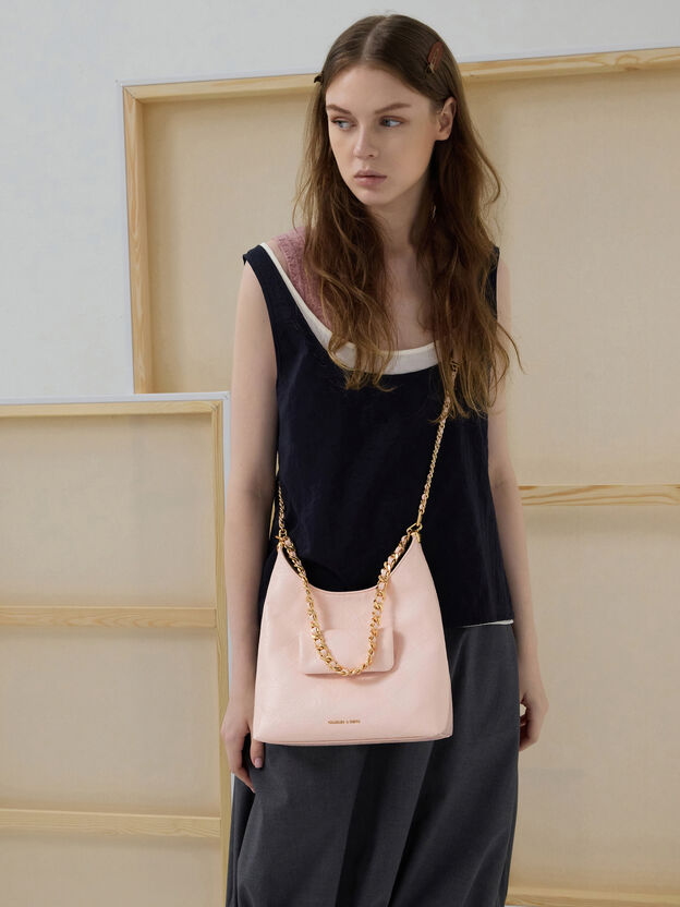 Duo Quilted Front-Pocket Chain Hobo Bag, Soft Pink, hi-res