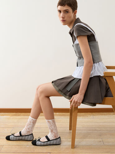 Knitted Pearl-Accent Bow Ballet Flats, Silver, hi-res