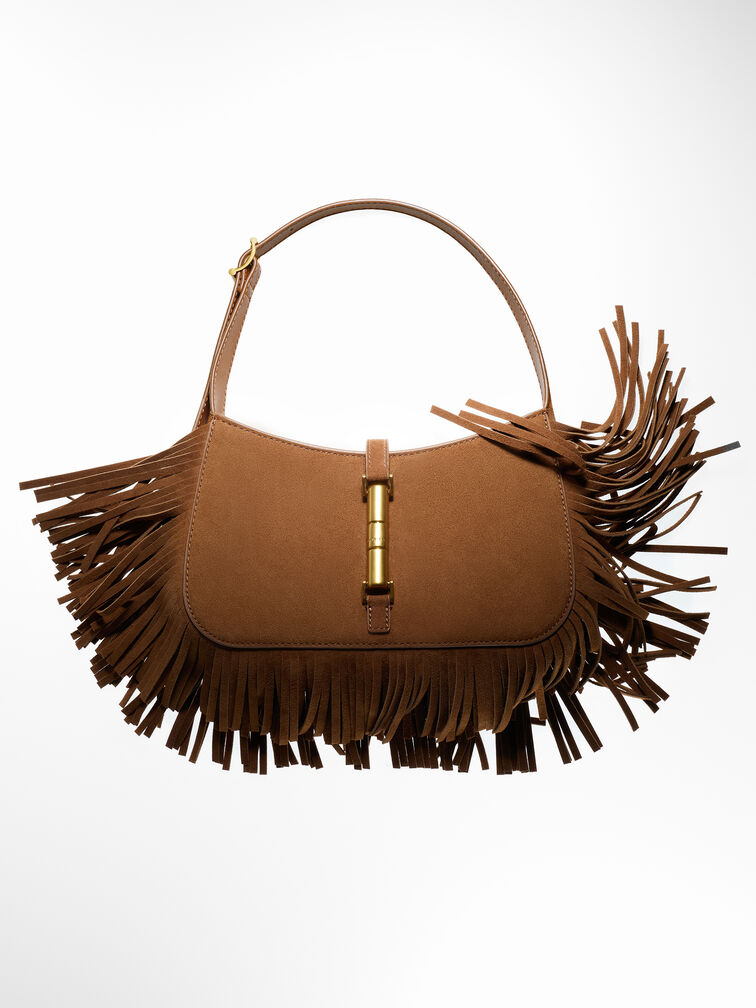 Cesia Recycled Suede Metallic-Accent Fringed Shoulder Bag, Sienna Brown, hi-res