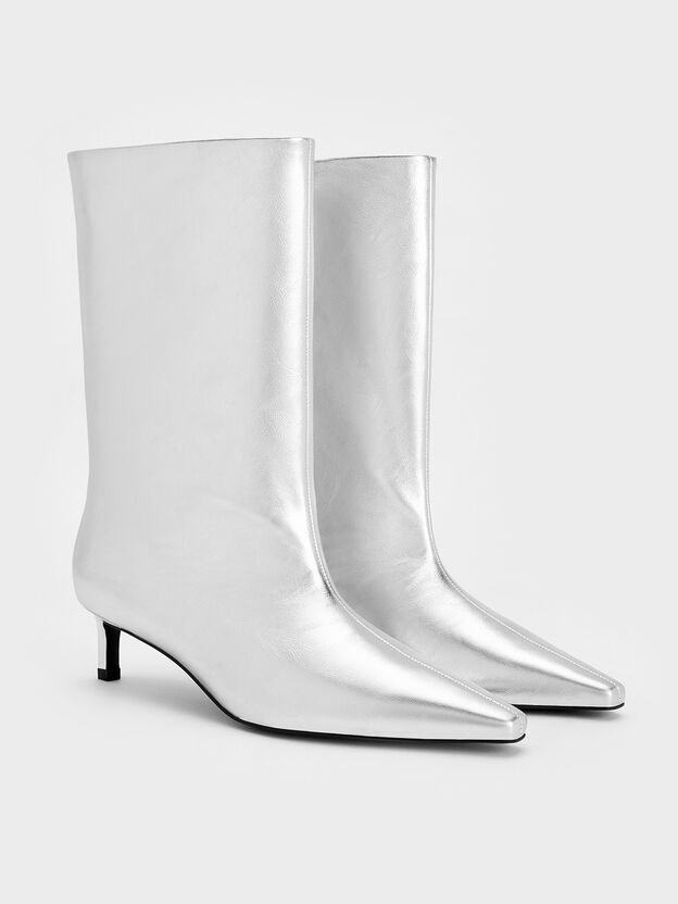 Metallic Tapered Kitten-Heel Calf Boots, Silver, hi-res