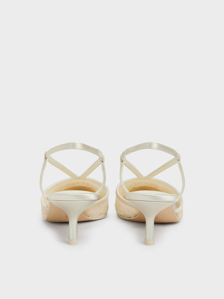 Satin Embroidered-Mesh Slingback Kitten Heels, White, hi-res