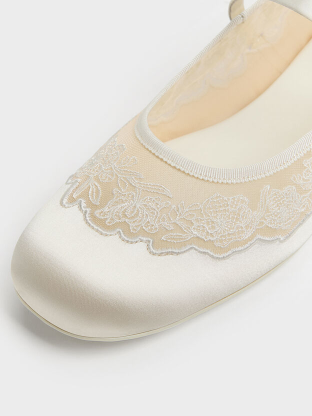 Satin Embroidered-Mesh Mary Jane Flats, White, hi-res