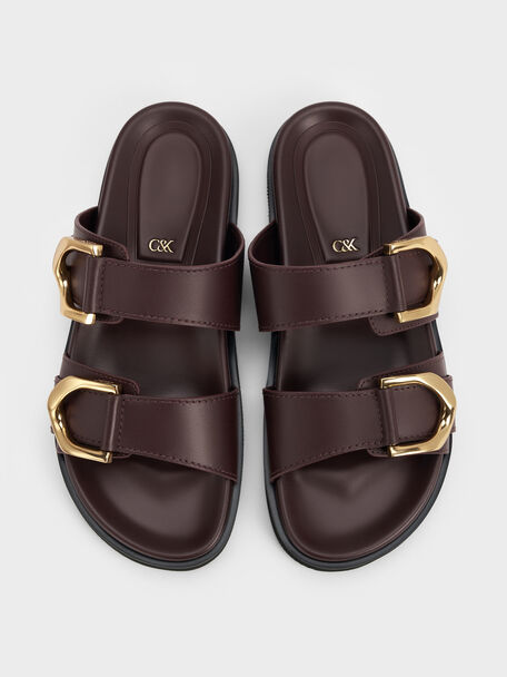 Gabine Gold-Buckle Leather Slides, Plum, hi-res