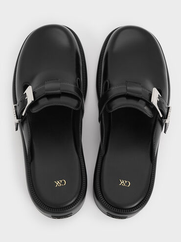 Leather Buckled Mules, Black, hi-res