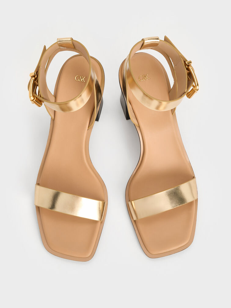 Metallic Leather Ankle-Strap Block-Heel Sandals, Gold, hi-res