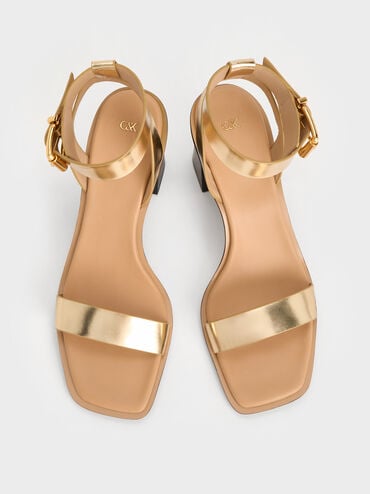 Metallic Leather Ankle-Strap Block-Heel Sandals, Gold, hi-res