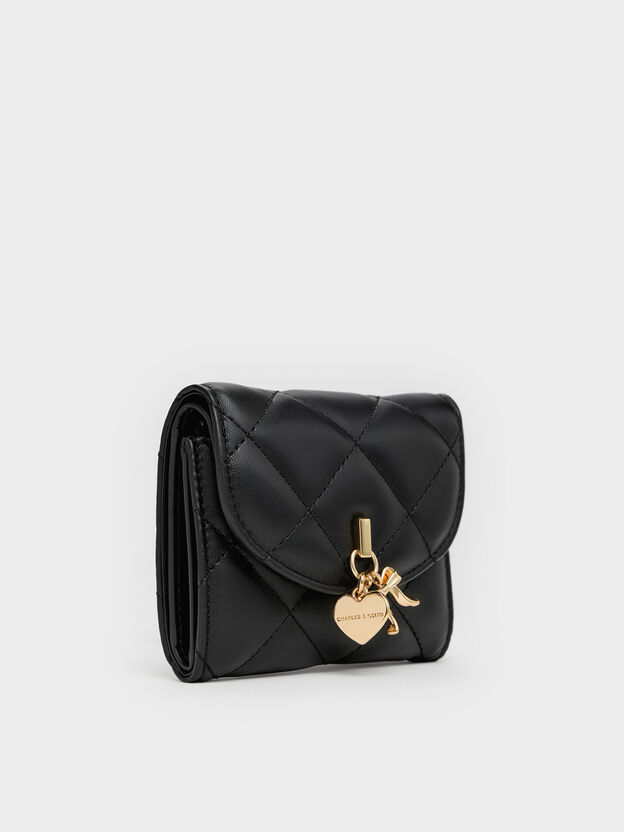 Arrietty Quilted Curved-Flap Wallet, Black, hi-res