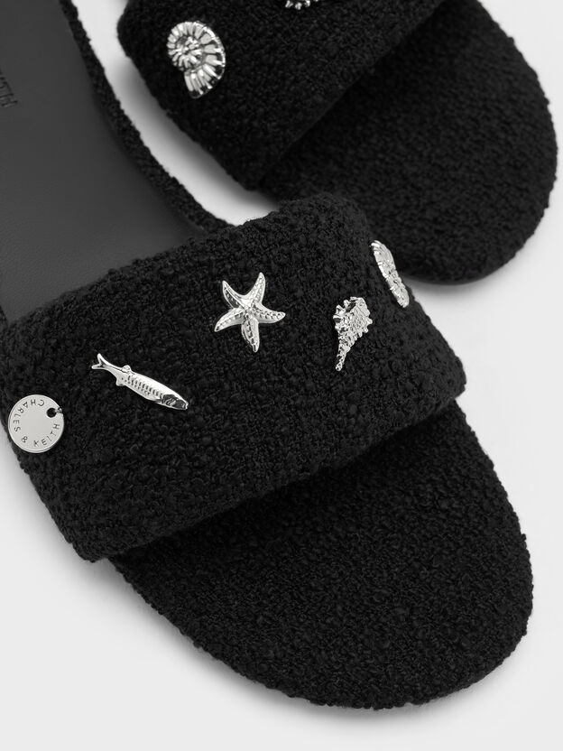Tweed Beach Slide Sandals, Black Textured, hi-res