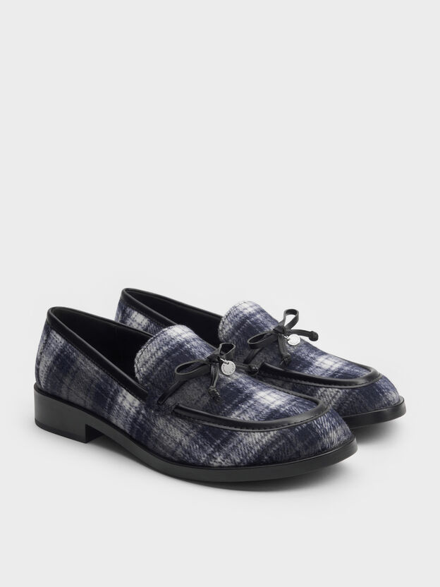 Checkered Circle-Charm Bow Loafers, Dark Grey, hi-res