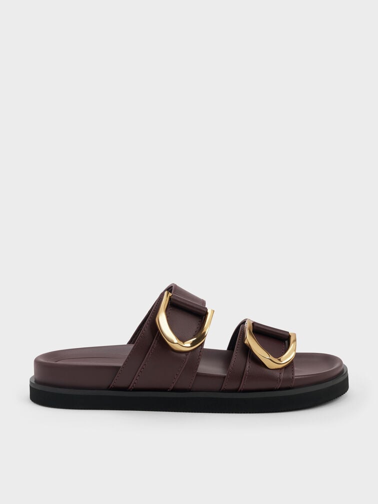 Gabine Gold-Buckle Leather Slides, Plum, hi-res