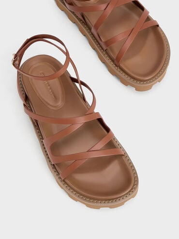 Crossover Ankle-Strap Sandals, Cognac, hi-res