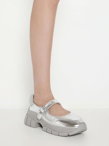 Yunna Metallic Leather & Recycled Fabric Mary Jane Sneakers, Silver, hi-res