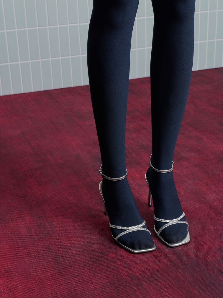 Metallic Leather & Satin Crystal-Embellished Ankle-Strap Sandals, Silver, hi-res