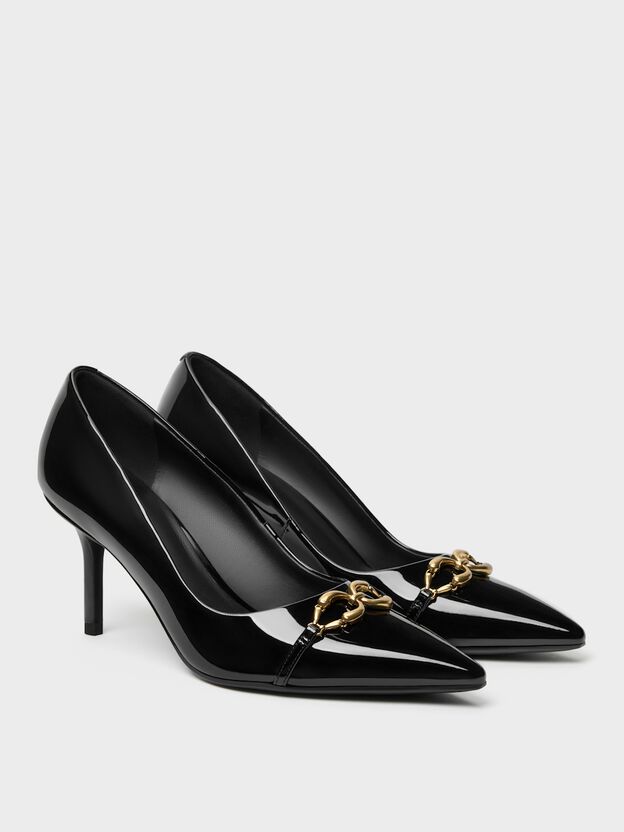 Patent Metallic-Buckle Pointed Pumps, Black Patent, hi-res