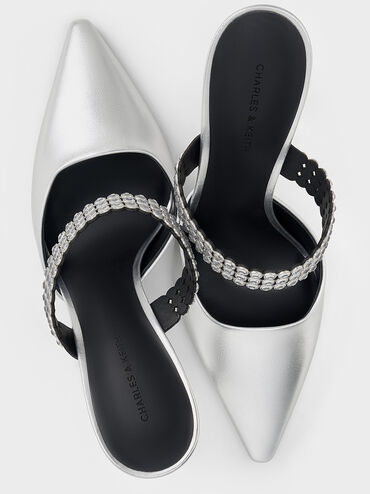 Patent Crystal-Embellished Heeled Mules, Silver, hi-res