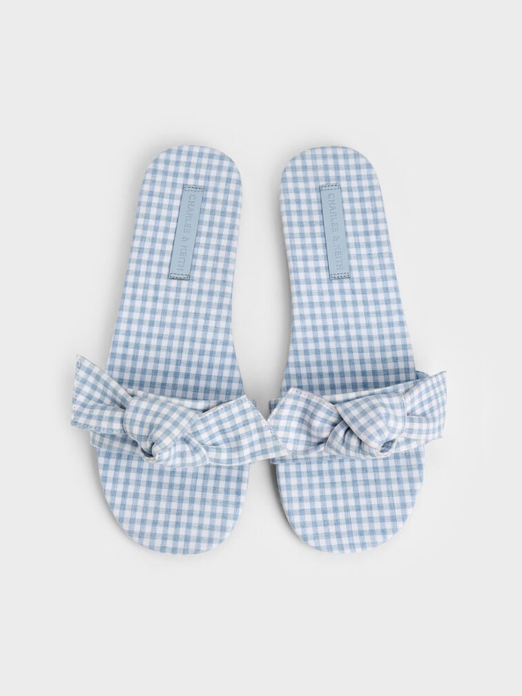 Anika Gingham Knot-Bow Slides, Light Blue, hi-res
