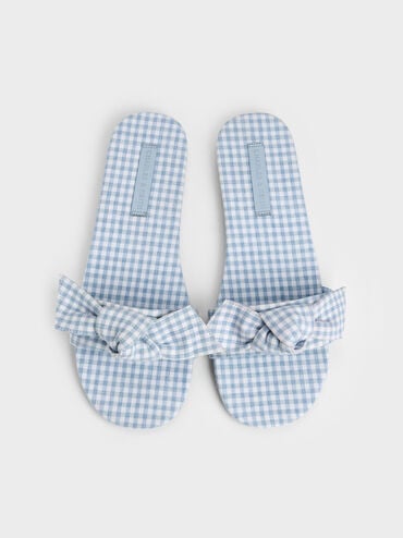 Anika Gingham Knot-Bow Slides, Light Blue, hi-res