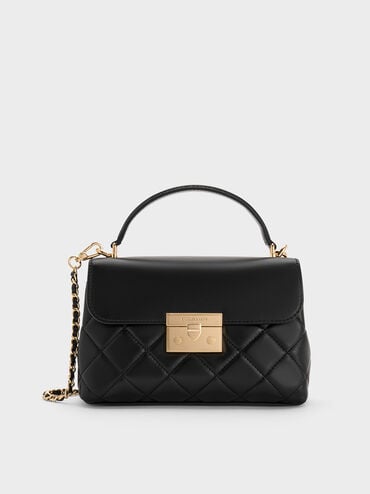 Alva Quilted Top Handle Bag, Black, hi-res