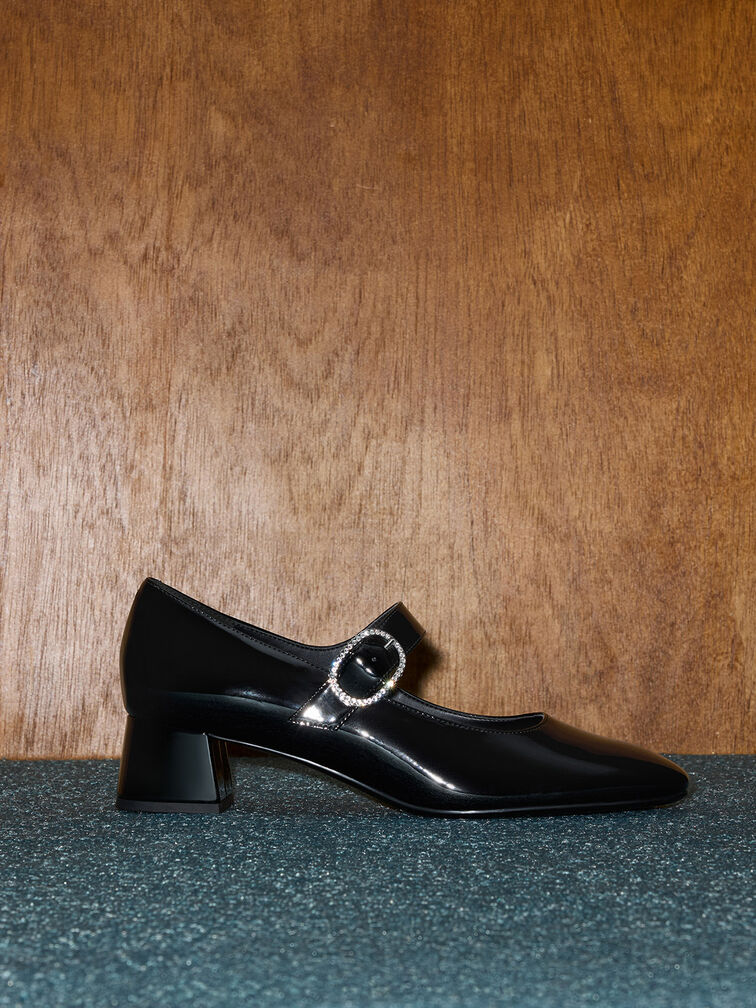 Jannie Patent Crystal-Buckle Mary Jane Pumps, Black Patent, hi-res