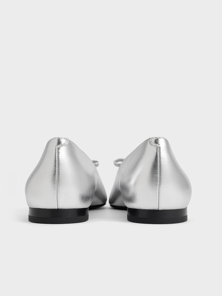 Metallic Bow Square-Toe Ballet Flats, Silver, hi-res