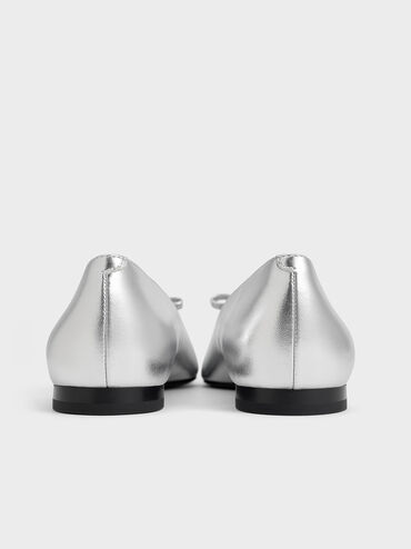 Metallic Bow Square-Toe Ballet Flats, Silver, hi-res