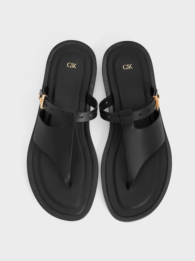 Leather Asymmetric Thong Sandals, Black, hi-res