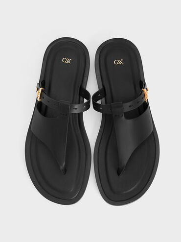 Leather Asymmetric Thong Sandals, Black, hi-res