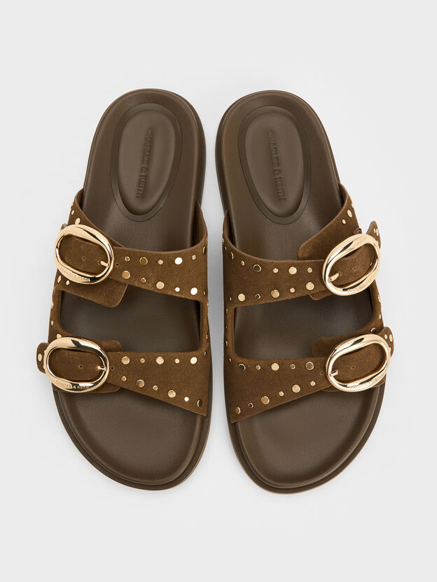 Studded Buckled Double-Strap Slides, Brown, hi-res