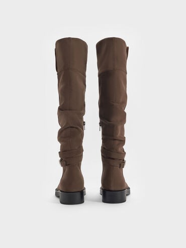 Ellis Faux Suede Ruched Buckled Fold-Over Thigh-High Boots, Dark Brown Textured, hi-res