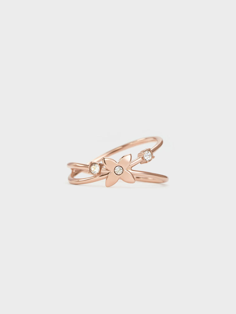 Felicity Flower-Motif Crystal Crossover Ring, Rose Gold, hi-res
