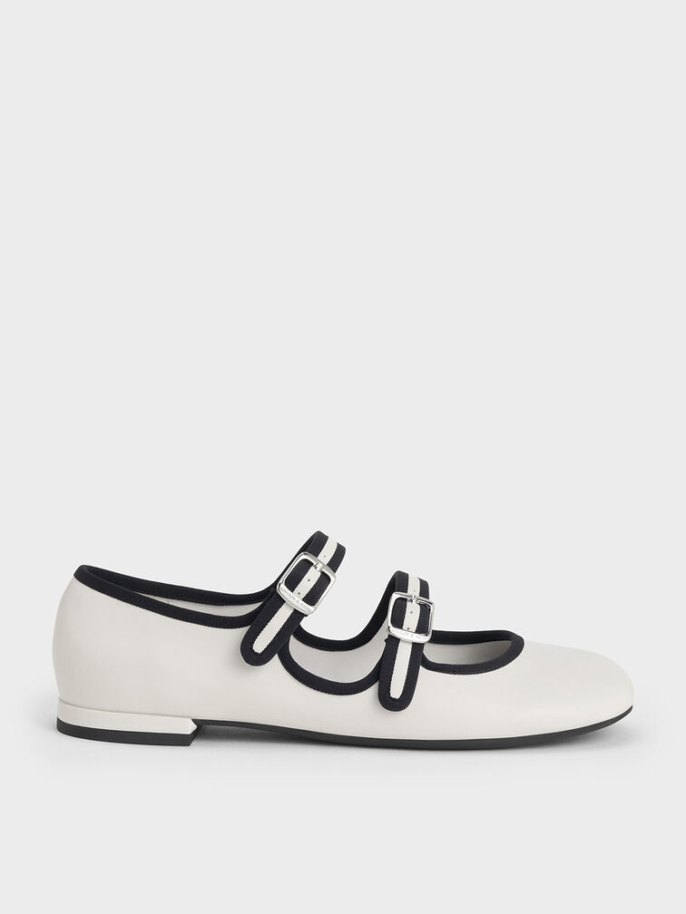 Two-Tone Double-Strap Mary Jane Flats, White, hi-res