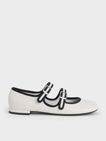 Two-Tone Double-Strap Mary Jane Flats, White, hi-res