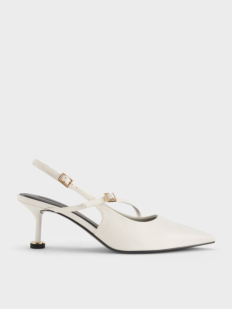 Wynn Buckled Sculptural-Heel Slingback Pumps, White, hi-res